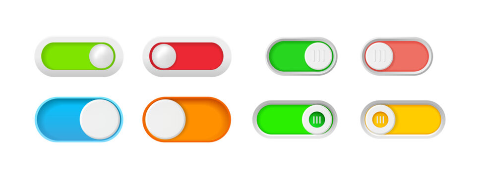 Toggle switches and push buttons collection. Vector isolated on and off sliders, block and cancel illuminated indicators. UI or UX dashboards mockups, games and playful app interfaces set
