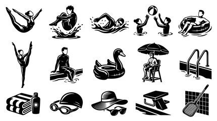 Obraz premium Black and White Vector Icons: Summer Pool Activities, Sports Relaxation