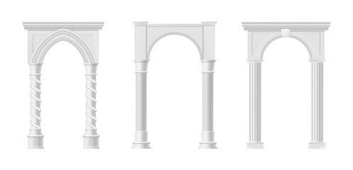 Naklejka premium Art deco arch window and door frames, entrance doorways and gateway. Vector architectural brick construction. Ancient classic architecture with arcs of Medieval temple, palace or mosque passageways