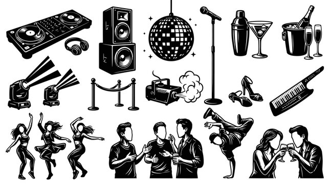 Nightlife Party Music Club Entertainment Black White Vector Illustration Set - DJ, Dancers, Drinks