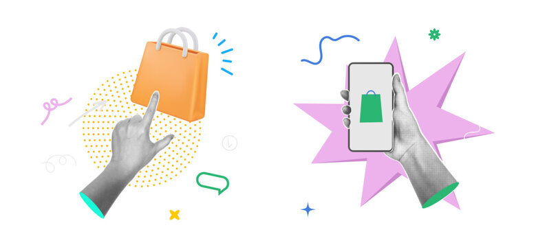Halftone pop art with hands interacting with shopping elements. Vector finger pointing toward gift or shopping bag, arm holding smartphone displaying online shopping app. Sales and offers collage