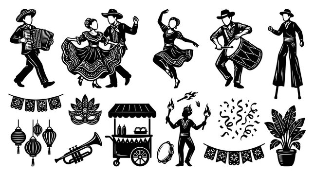Mexican Festival  Latin American Carnival Culture Elements. Vintage Engraving Style Dancers, Musicians, Performers, Food, Decor.