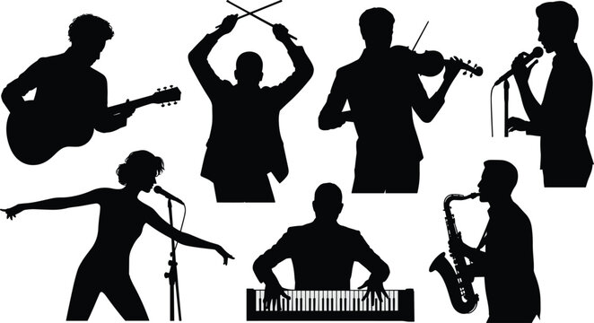 Musical ensemble silhouette collection featuring guitarist, drummer, violinist, singers, saxophonist, and keyboard player for performance design