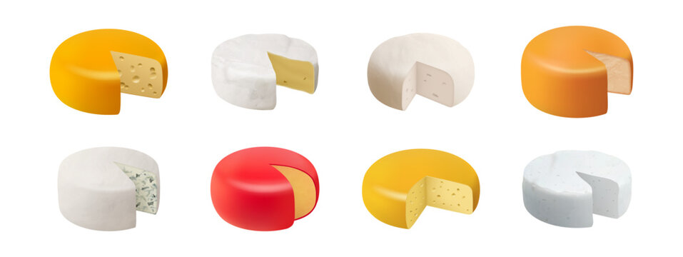 Dairy products, isolated wheels of cheese with cut out pieces. Vector realistic pressed curds of milk, nourishment and balanced dieting, nutrition and eating meal from farm. Organic ingredient