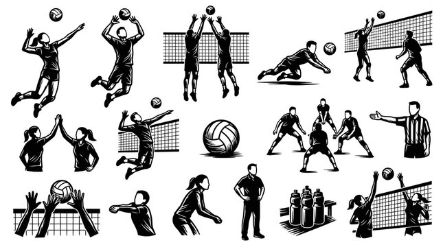 Black and White Line Art Volleyball Players Set, Sports Illustration
