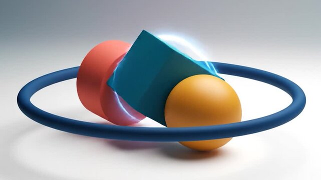 Colorful geometric shapes including a sphere and cylinder moving together to form a balanced structural unit