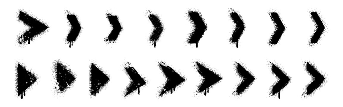 Single arrowhead shapes set pointing right. Vector isolated sharp triangular head pointers in grunge style. Minimal directional element without shaft. Navigation symbol and graphic composition