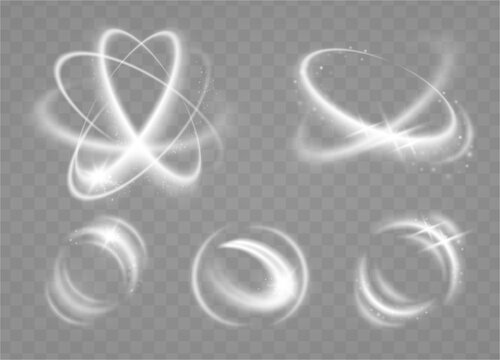 Curved semicircle lines with luminous trails with protective wave effect. Vector isolated arcs with shining sparkles. Energy concept, technology interface and abstract visualization