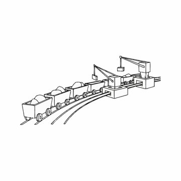 Industrial mining train with cargo and cranes illustration.