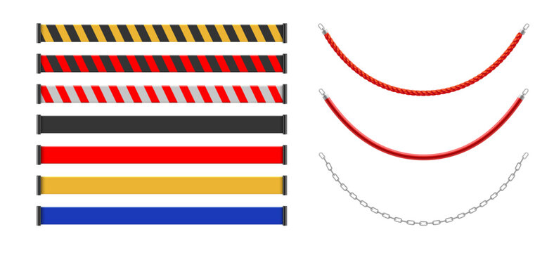 Industrial barrier elements. Chains, ropes and safety straps. Crowd control equipment for public organization and access direction. Vector structured movement, security management and restricted areas