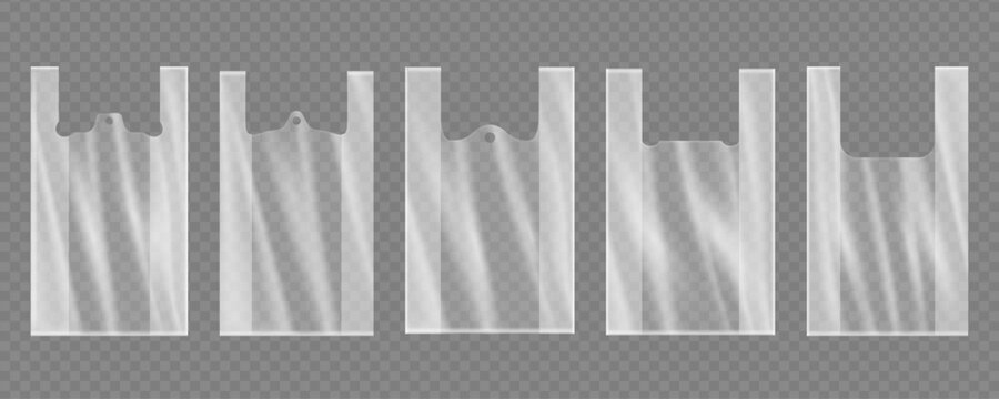 Disposable plastic bags set. Vector realistic polyethylene sacks with crumpled surface and fold structure. Packaging mockups for retail use, product transport and supermarket service