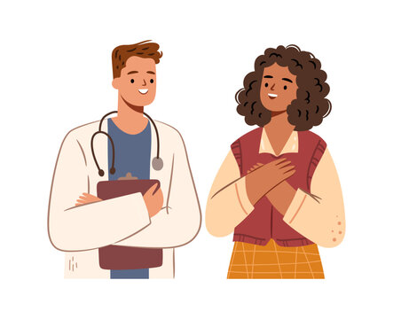 Medical worker listening complaints of sick patient. Vector reception at hospital or clinic. Consultation in family doctor. Isolated smiling cartoon characters talking about health
