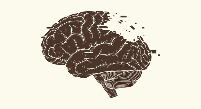 Stylized Human Brain Illustration with Digital Glitch Effect Representing Cognitive Decline Concept