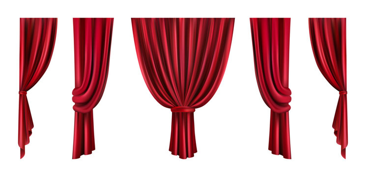 Theater fabric silk decoration for movie cinema or opera hall. Vector realistic curtains and draperies interior design, drapes velvet elegant texture, luxury home window adornment for house