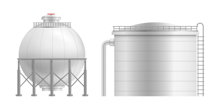Industrial fuel tanks. Vector realistic metal reservoirs with ladder access and protective fence. Storage and handling of flammable materials. Safety measures, infrastructure and industrial environmen