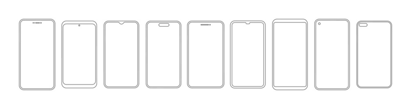Minimalist smartphone screen templates. Vector isolated slim outlines with rounded corners. Blank displays set. UI UX mockup, mobile design preview and technology presentation visuals