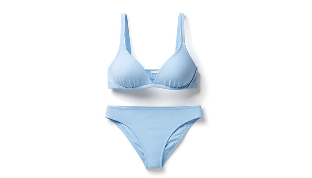 Light blue sports style bikini set front view isolated on white background minimal swimwear
