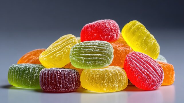 Heap of colorful sugar coated gummy candies on white surface, red yellow orange green, oblong disc and five point star with center hole shapes, showcasing candy shape variety,