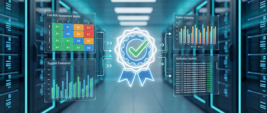 Data center certification concept: Glowing quality badge, risk matrix, supplier dashboards, and verification checklist on transparent interfaces within a server room