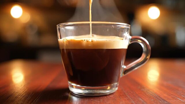 Fresh espresso pouring into a clear glass cup with rising steam on a wooden cafe table