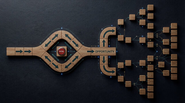 Wooden block flowchart concept: a central 'Risk' node splits paths, leading to a major 'Opportunity' junction that branches into a wide network of smaller outcome blocks with blue glowing lines.