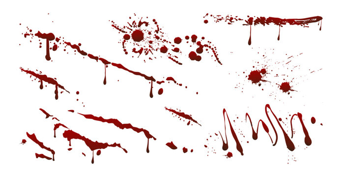 Blood cuts, claw mark and scratches with splatters and drops. Vector realistic dripping streaks, rough marks and surface smears. Accident recreation and medical graphics. Injury or damage simulation