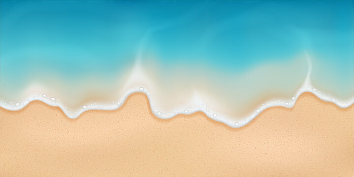 Deserted sea or ocean coast, top view. Vector realistic seascape with foamy waves and grainy sand surface. Swimming and sunbathing, beach sports and picnicking. Travel or minimalistic visual content