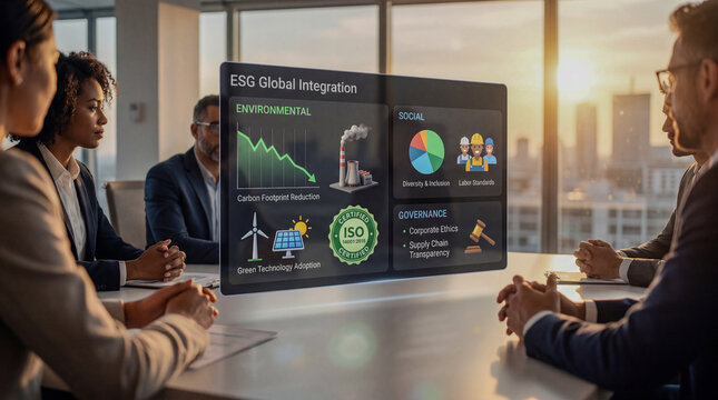 Business team in a meeting with a digital ESG Global Integration dashboard showing environmental, social, and governance metrics. Perfect for corporate sustainability and investment concepts.