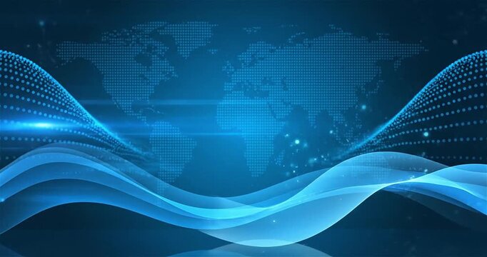 Abstract Blue Wave Background with Soft World Map and Flowing Digital Curves, Futuristic Technology News Backdrop Loop for Corporate Presentation, Data Visualization, Communication, Broadcast Media