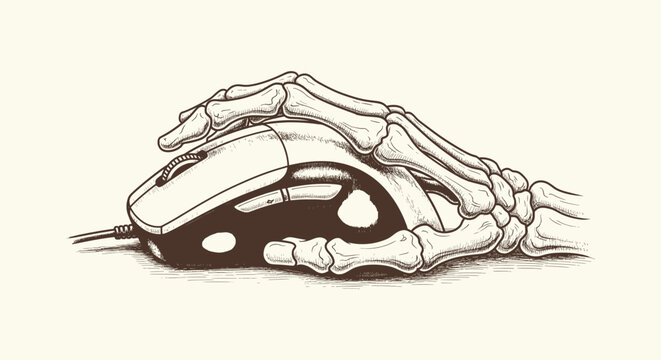 Illustration of a skeletal hand using a computer mouse in vintage woodcut style tech concept art.