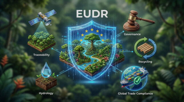 EUDR compliance infographic with icons for traceability, governance, hydrology, recycling, and global trade compliance, set against a lush rainforest background. Ideal for environmental topics.