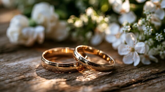 Two gold wedding rings resting on a wooden surface surrounded by delicate white flowers and greenery, capturing the essence of love and commitment in a natural setting