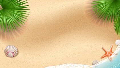 Naklejka premium Seaside shore with palm leaves greenery, sandy beach and starfish. Vector realistic style, soft sea waves and yellow sand. Resort or tropical recreation and relax. Natural view, tropics climate