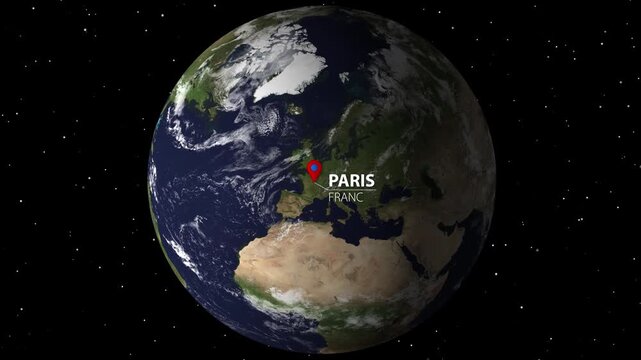Animation of planet earth rotating and zooming in on Paris France with map pointer and text label.