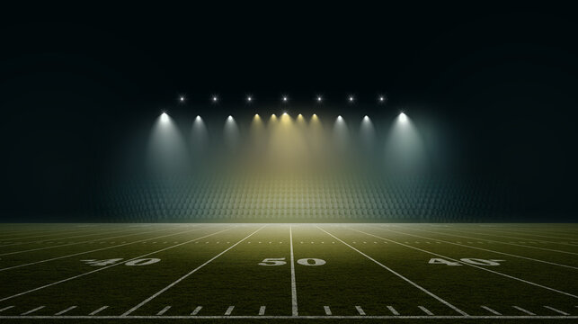 American Football Stadium with Spotlights at Night. An imaginary American soccer stadium is modelled and rendered.