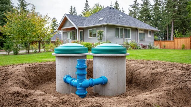 Residential septic system installation with concrete tanks and blue pipes in a suburban backyard