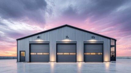 Obraz premium Modern industrial warehouse with three garage doors at sunset with dramatic sky