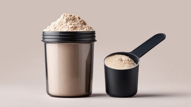 Protein powder in a jar and scoop, ready for a healthy workout or meal supplement