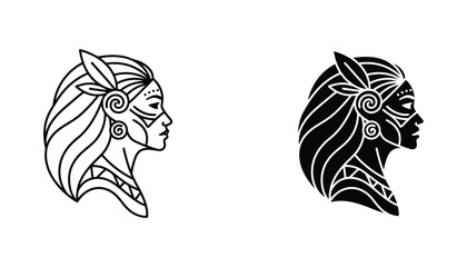 Indigenous woman profile portrait vector graphic with traditional feather accessories and facial tribal markings in outline and solid black © Vectorize