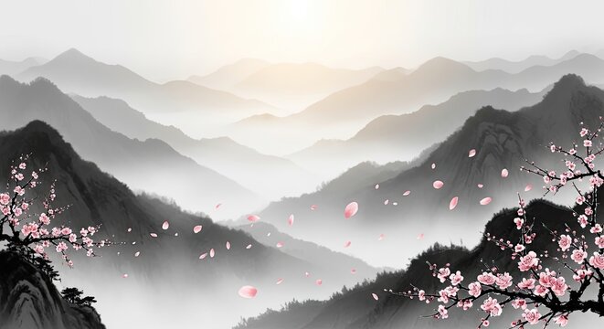 A serene landscape painting featuring a mountain range under a clear blue sky, with cherry blossoms falling gently from the trees in the foreground.