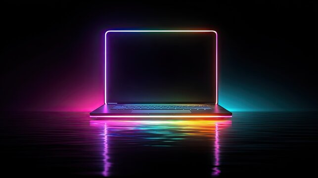 Glowing laptop with colorful neon lights reflecting on water surface