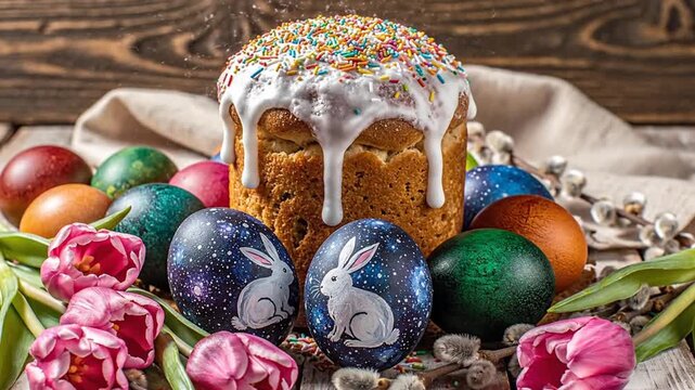 Easter cake and painted eggs with tulips and pussy willows.