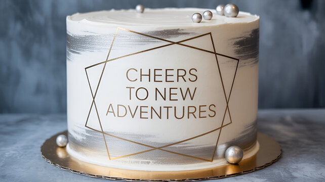 elegant white celebration cake with cheers to new adventures message on gold stand