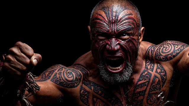 An intense portrait captures the striking ferocity of a Maori warrior, his face adorned with intricate Ta moko tattoos, a testament to heritage and strength.