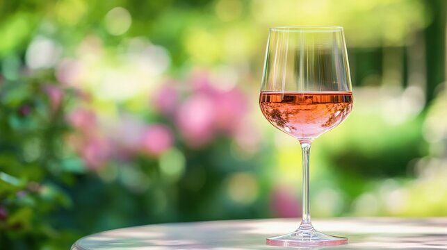 wine glass filled with rose wine, on a table amidst a lush, blurred garden backdrop with hints of pink flowers, refreshing outdoor ambiance, wine promotions, leisure, summer gatherings.