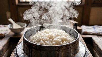 Fototapeta premium Traditional Asian steamed rice in bamboo steamer with steam rising ready to serve authentic Asian cuisine healthy food preparation