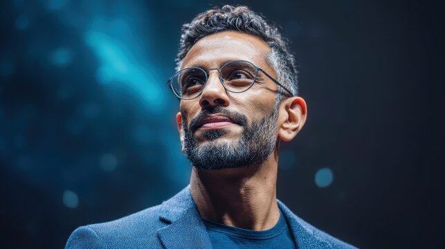 Thoughtful businessman with glasses looking away with a confident expression on his face