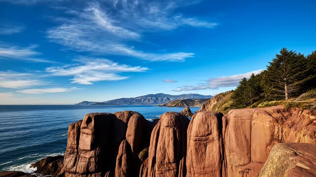 Red rock formations on a sunny coastline with blue ocean