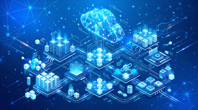 Modern futuristic network with brain and cloud icons