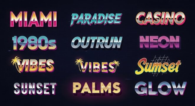 neon signs with miami and palms on black background